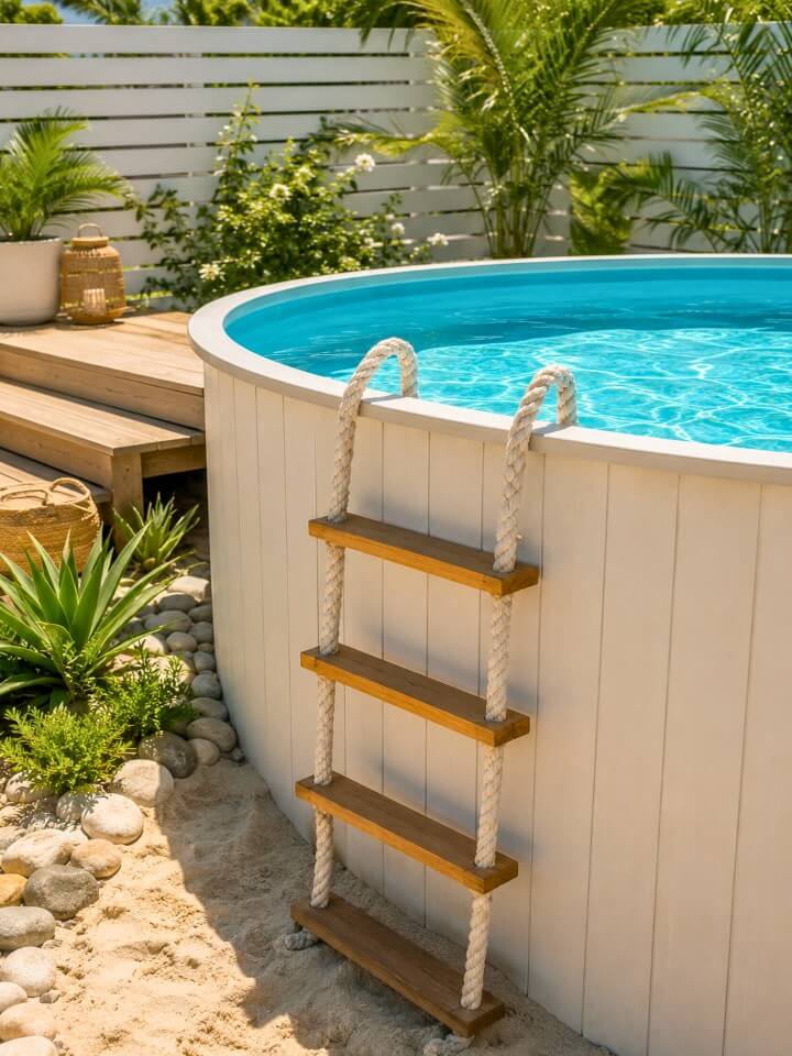 nautical rope steps for a coastal pool theme