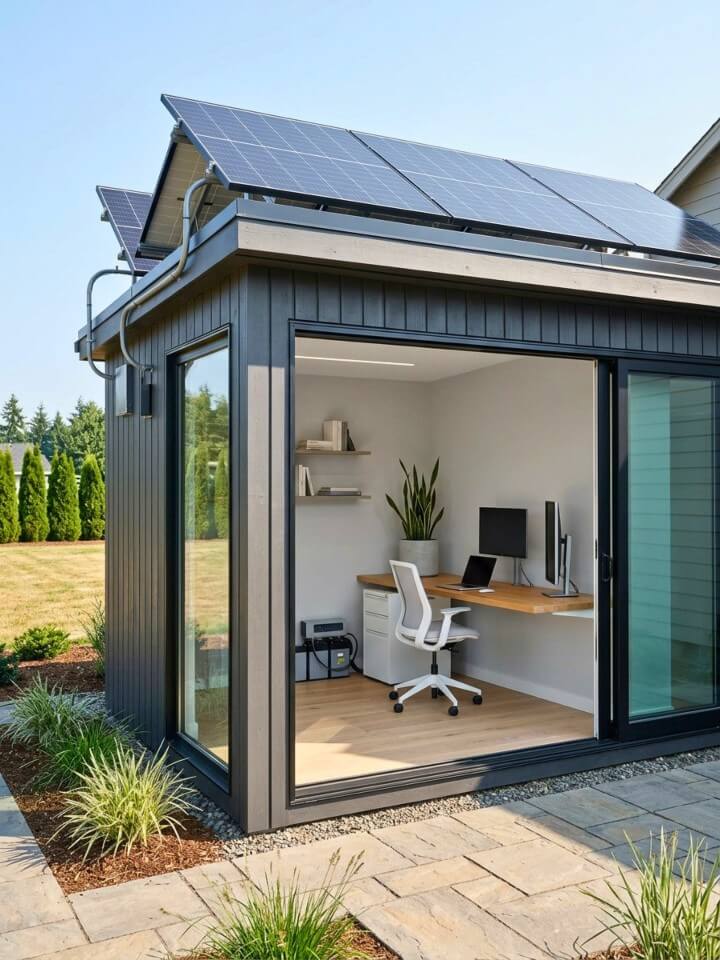 off grid solar powered shed workspace