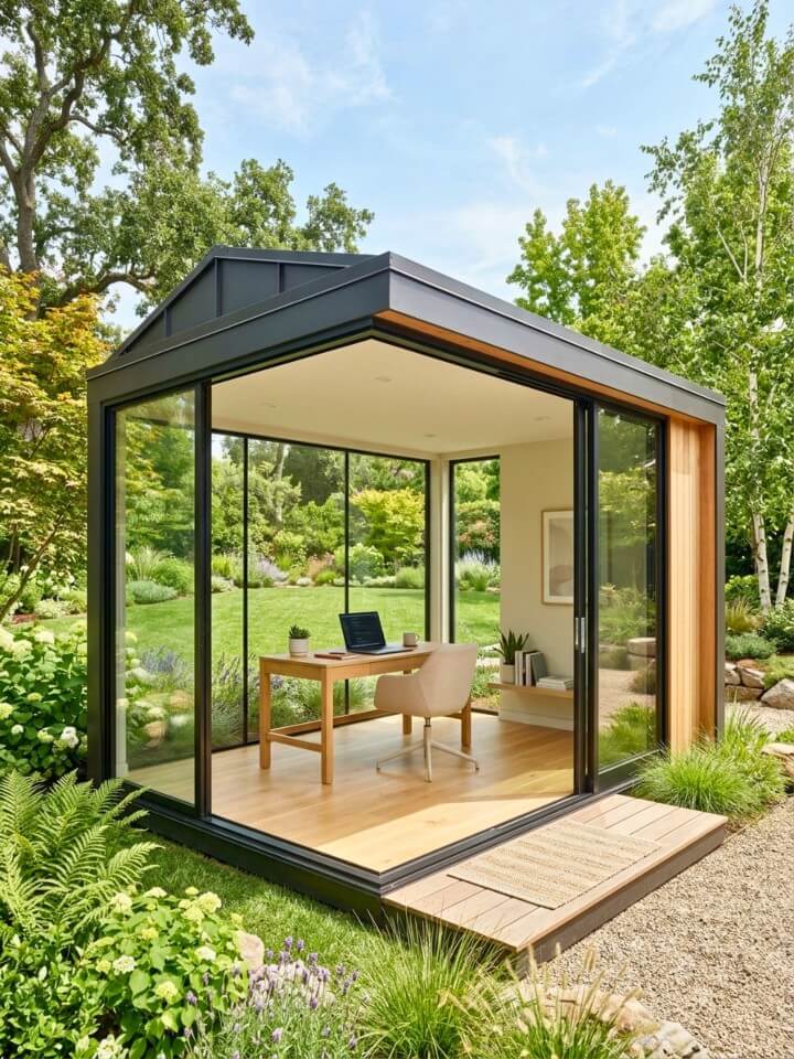 open concept large window garden office