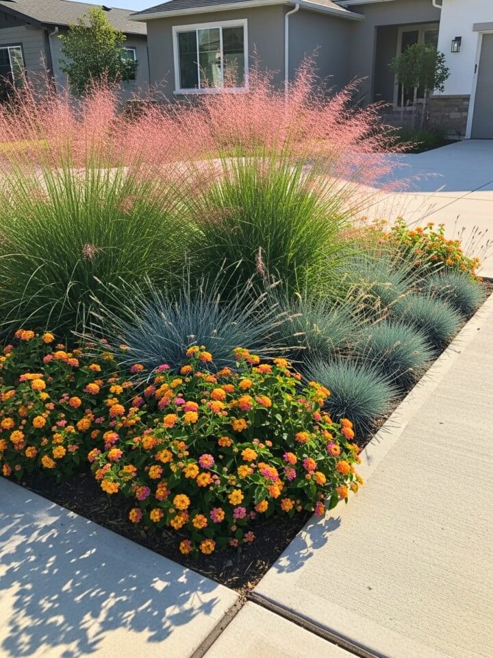 ornamental grass beds with lantana for texture