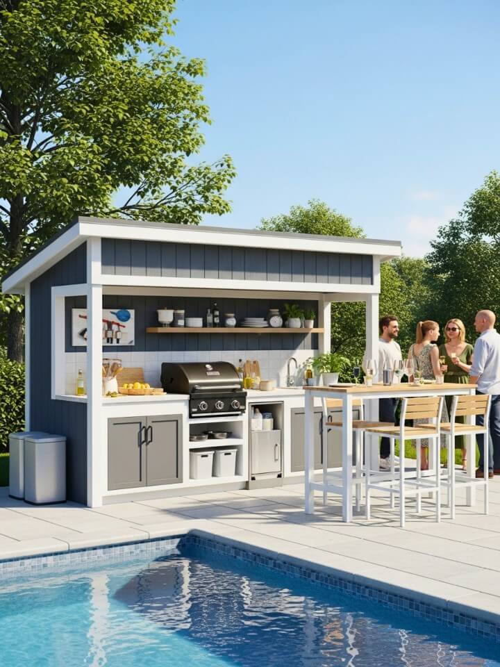 outdoor kitchen cabana by the pool