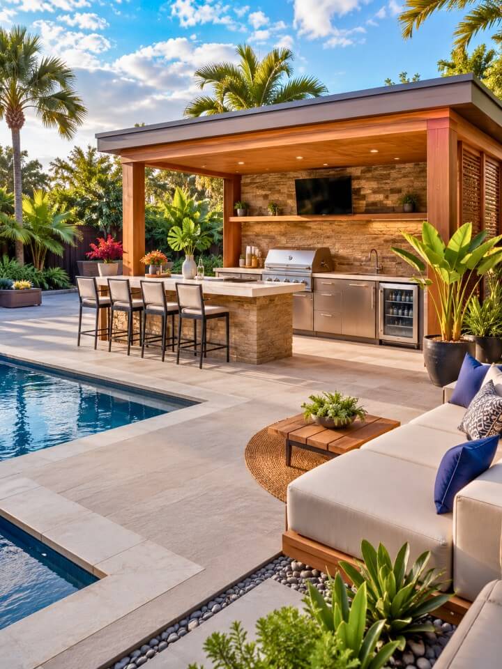 outdoor kitchen pool cabana setup