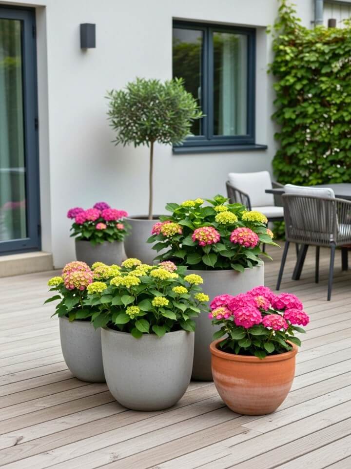 outdoor living spaces with potted hydrangeas