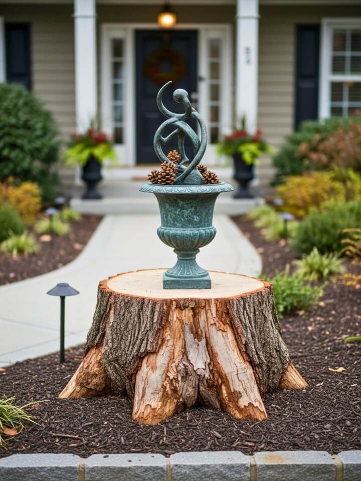 outdoor sculpture stand tree stump landscaping