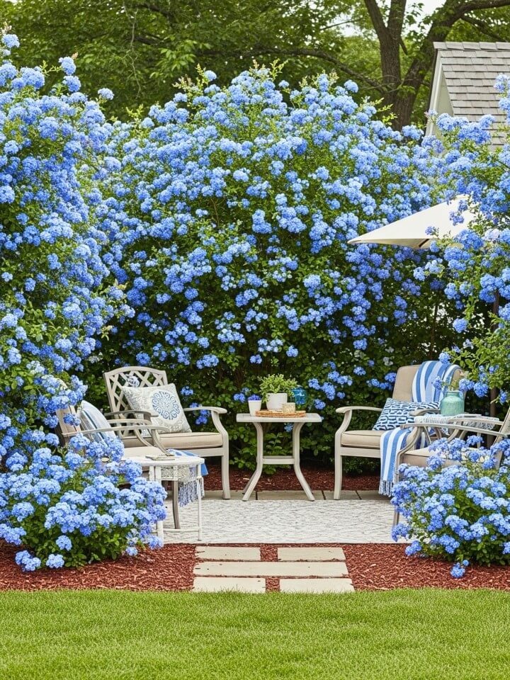 outdoor seating areas surrounded by plumbago landscaping