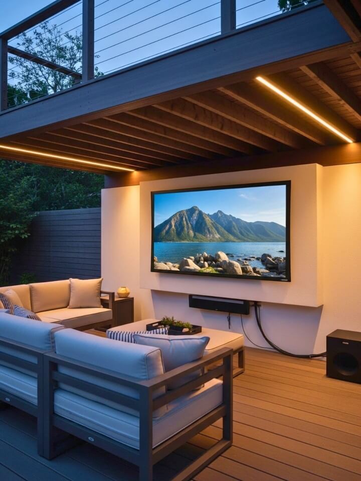 outdoor tv lounge under deck with weather safe seating