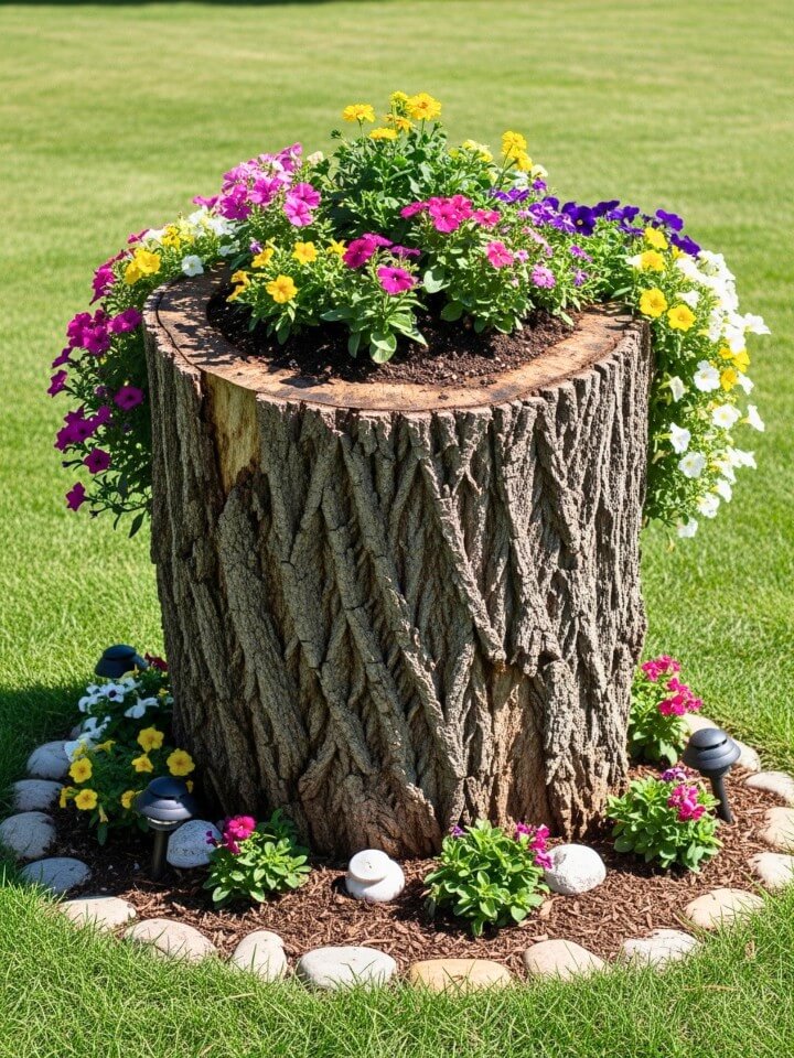 overflowing flower tree stump planter