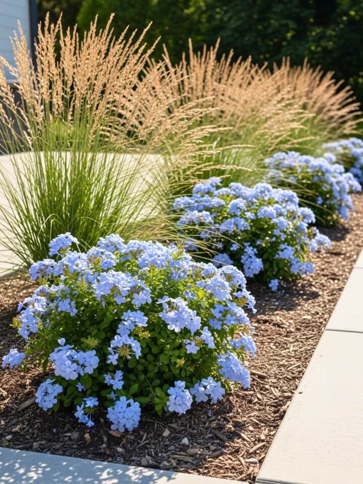 pairing plumbago with ornamental grasses for texture