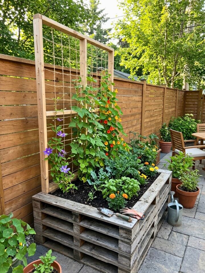 pallet raised bed with climbing trellis
