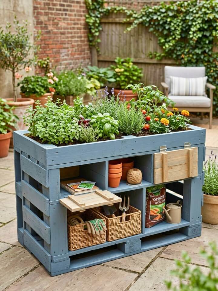 pallet raised bed with storage compartment