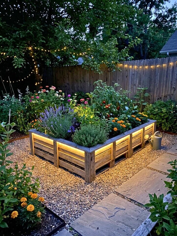 pallet rasied garden bed with integrated lighting