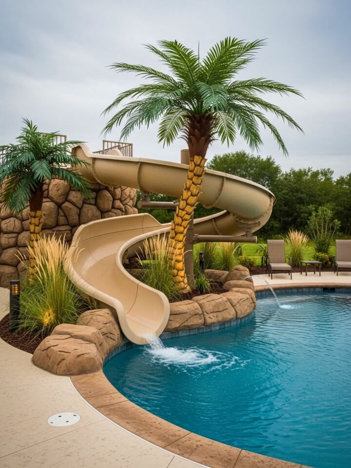 palm tree slide for a tropical pool setting