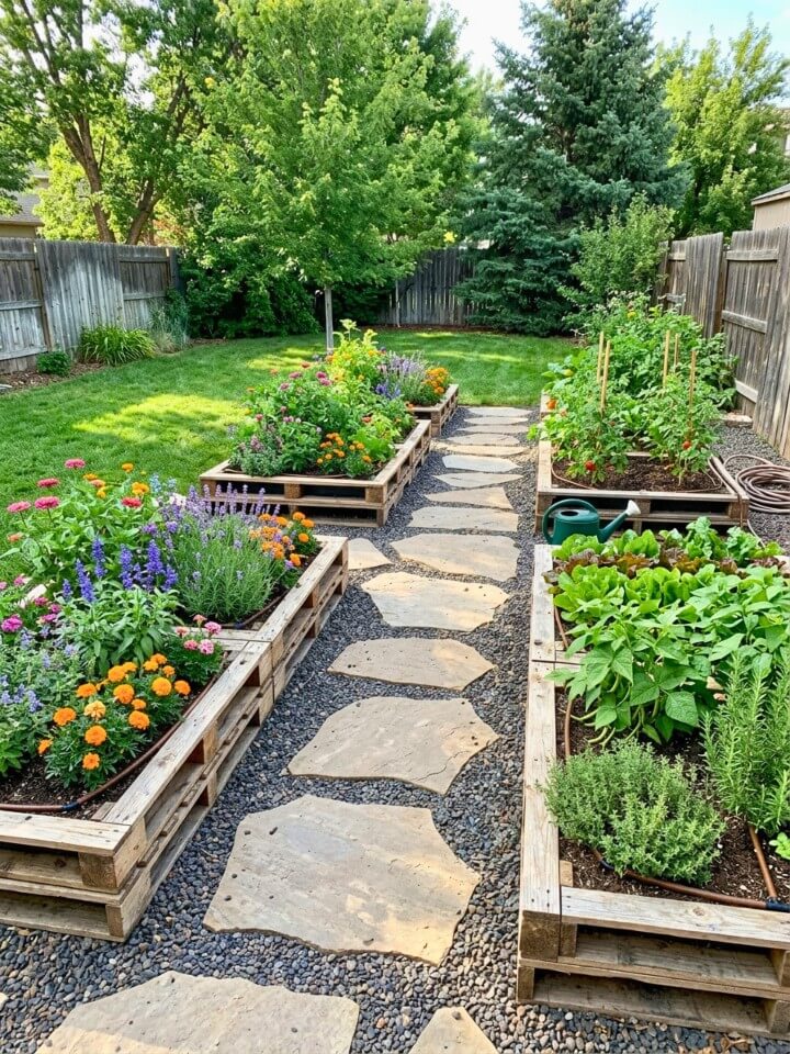 pathway integrated with a pallet planter bed
