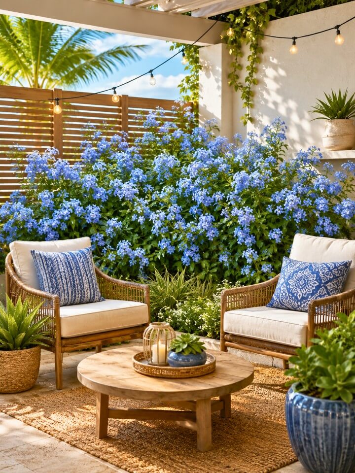 patio backdrop using blooming plumbago