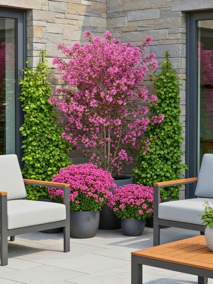 patio corner planting with loropetalum