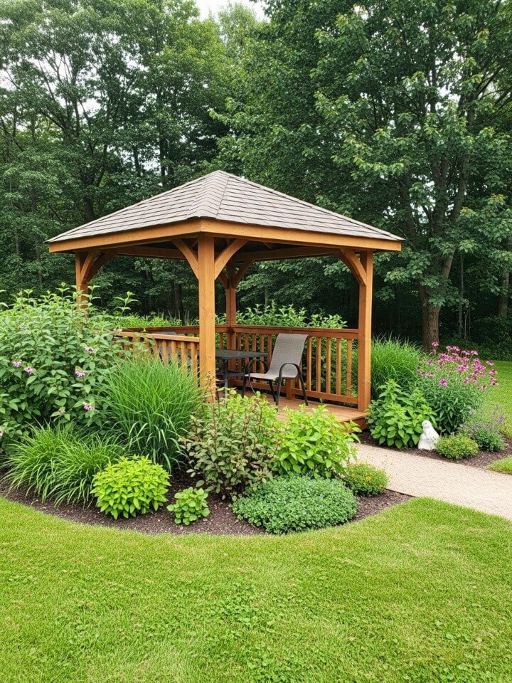 pavilion surrounded by native plants for natural landscaping