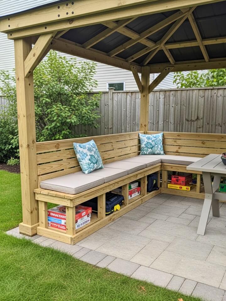 pavilion with built in benches and storage solutions