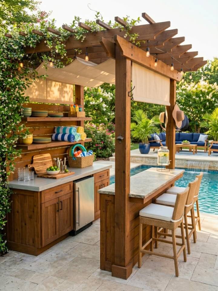 pergola covered storage bar