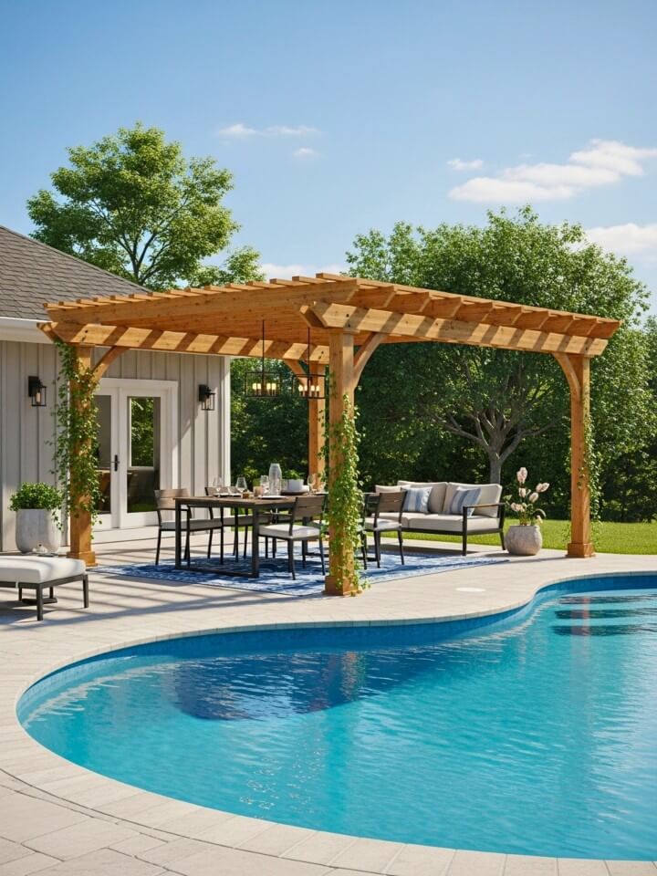 pergola dining area beside the pool