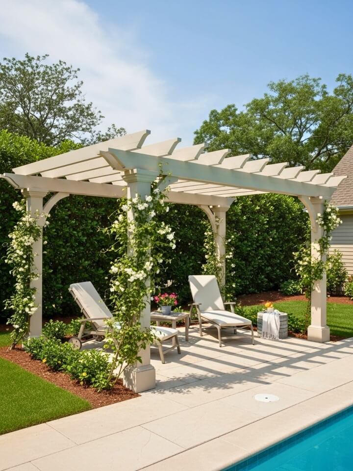 pergola style backyard pavilion with climbing vines