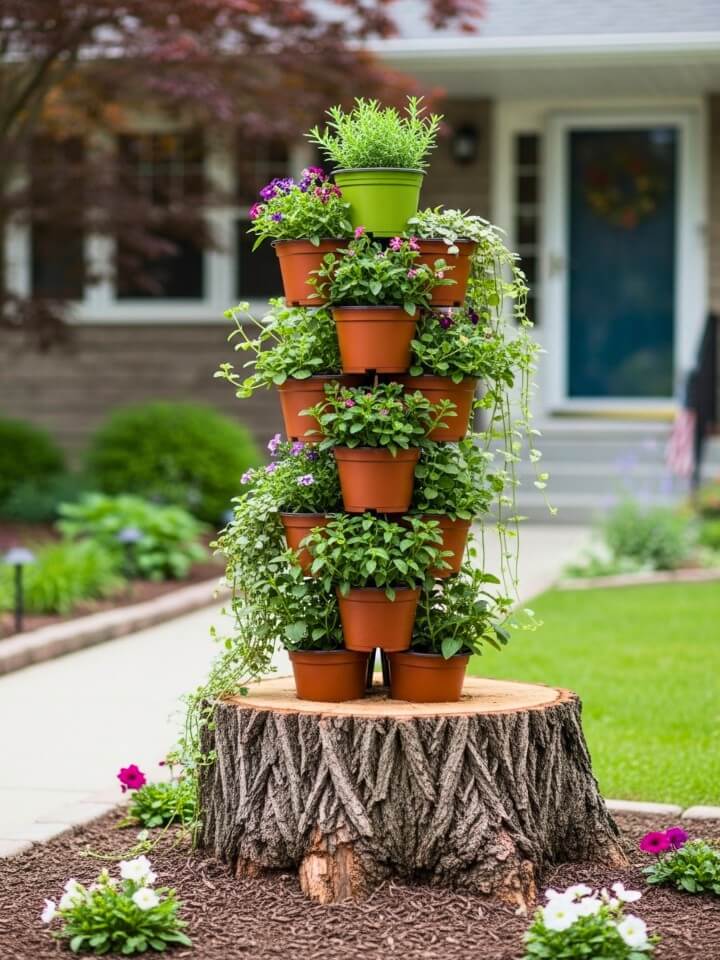 planter tower tree stump for vertical gardening