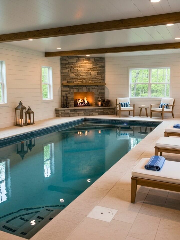 pool ideas with cozy fireplace