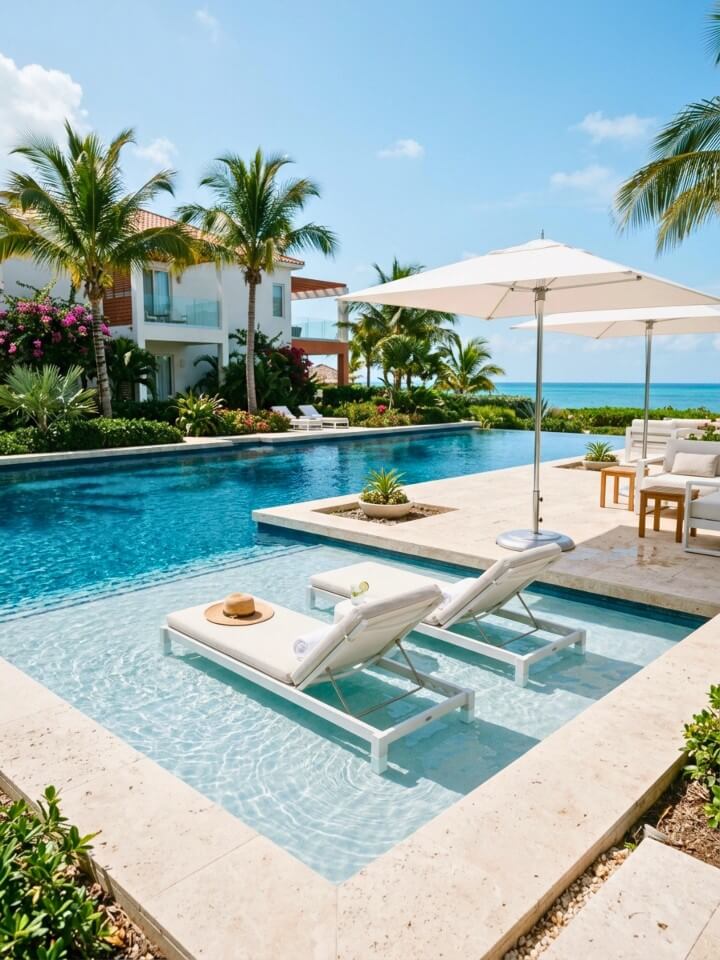 pool patio tanning ledge with lounge furniture