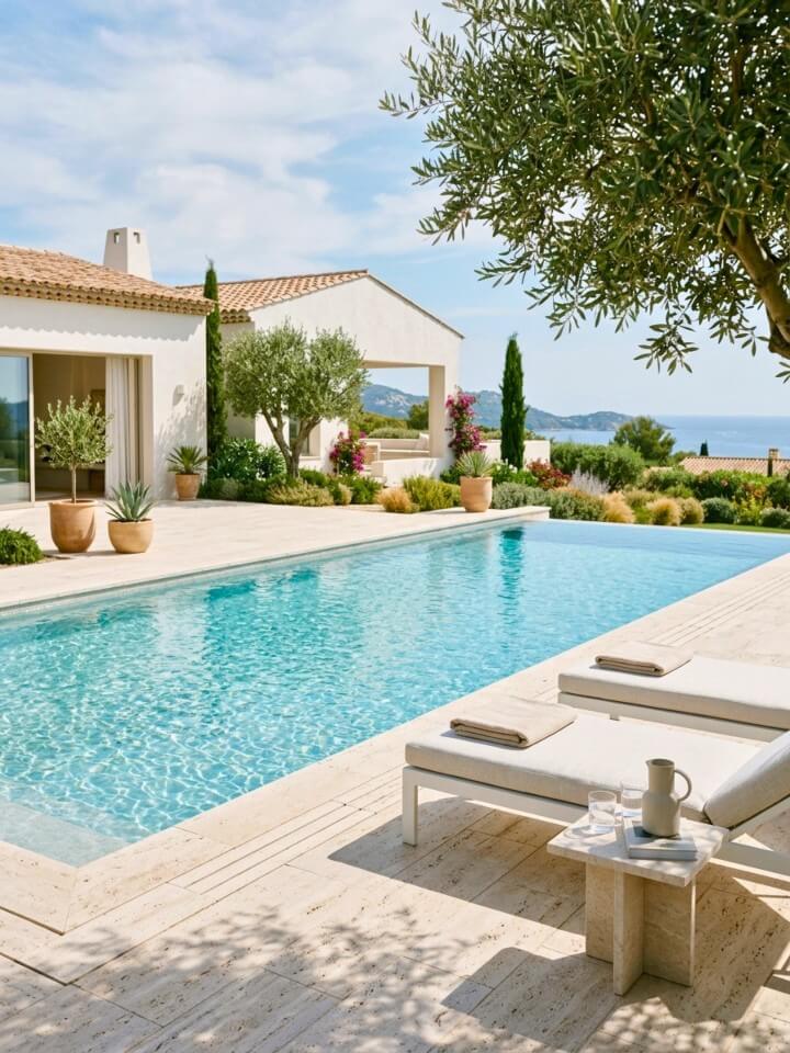 pool patio travertine stone decking