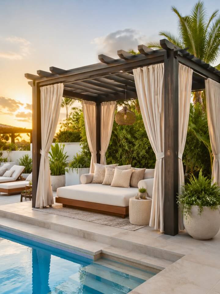 pool pergola lounge with breezy curtains