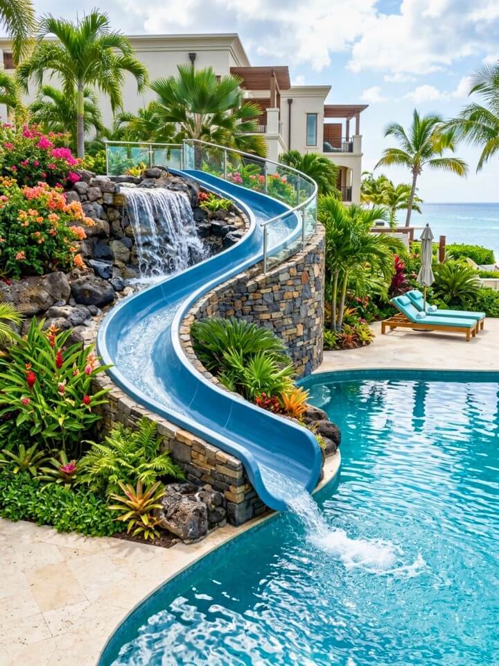 pool slide with built in waterfall design