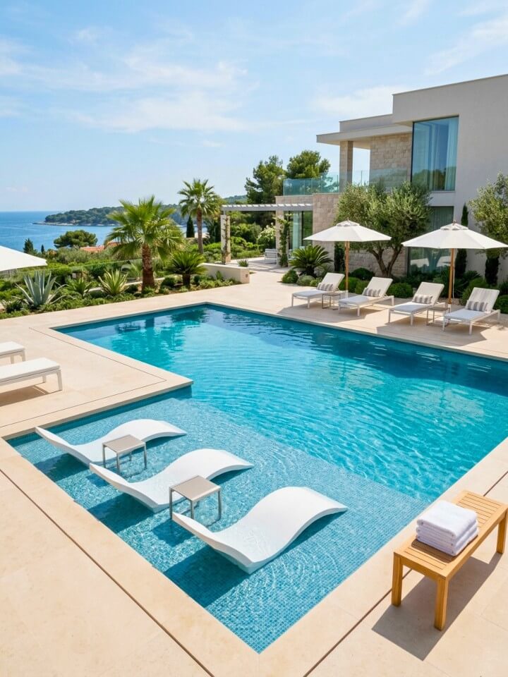 pool with a tanning sun deck