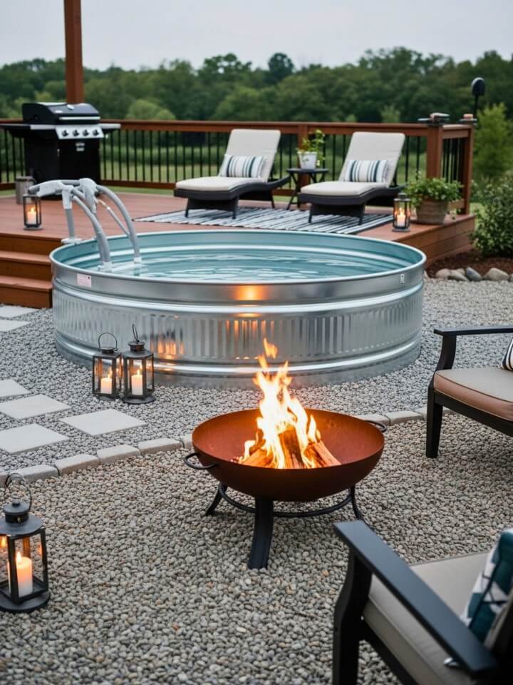poolside fire pit area for cool evenings