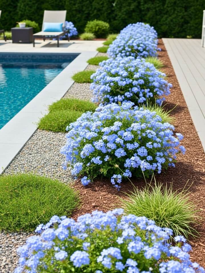 poolside planting ideas with flowering plumbago
