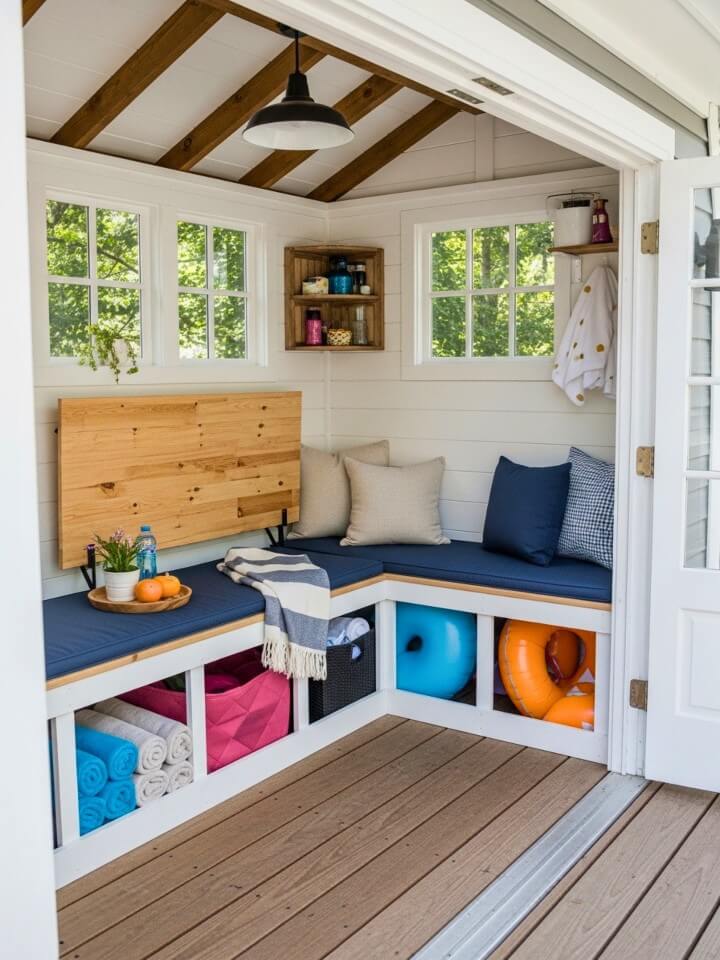 poolside storage bench seating