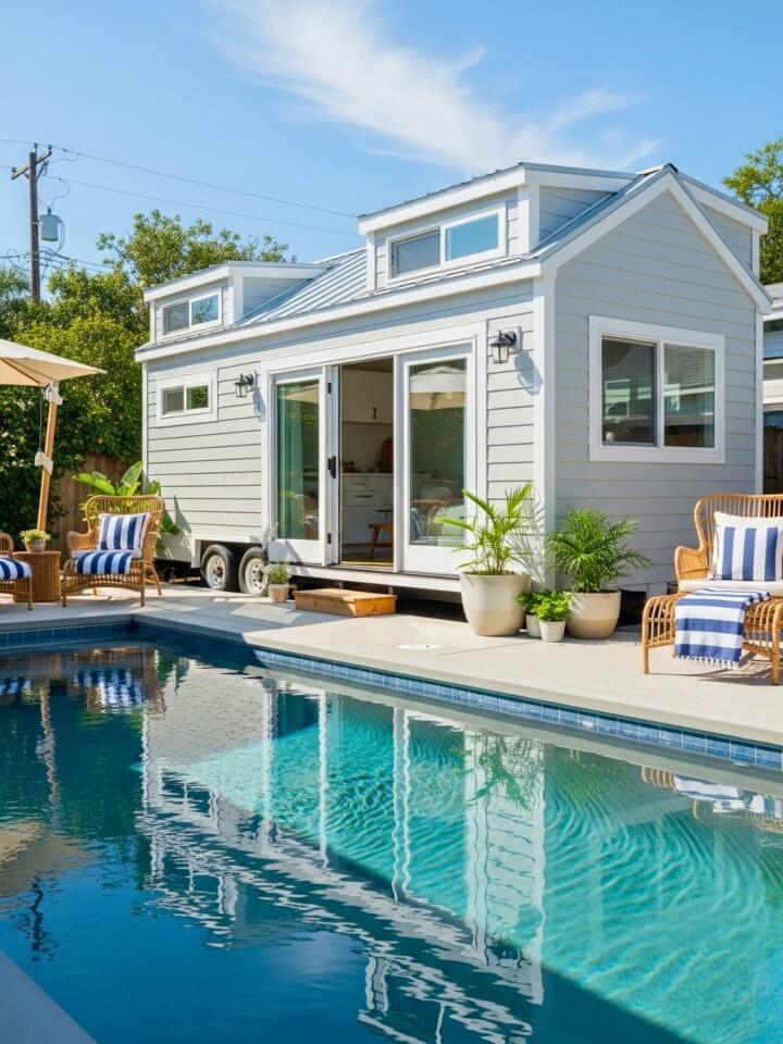 poolside tiny house with outdoor seating