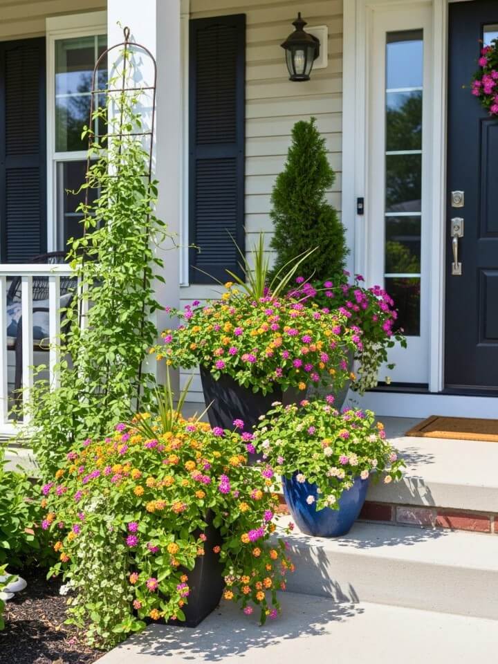 porch planters with trailing lantana flowers