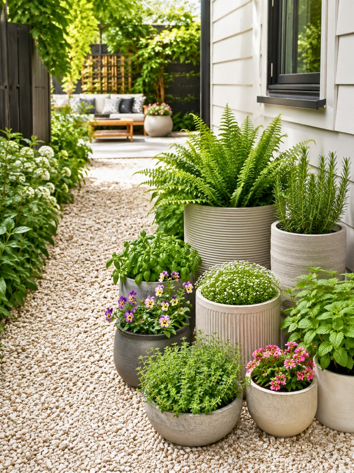 potted plants on a clean gravel pad and septic tank