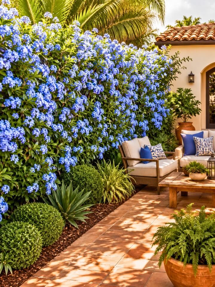 privacy hedge with blooming plumbago