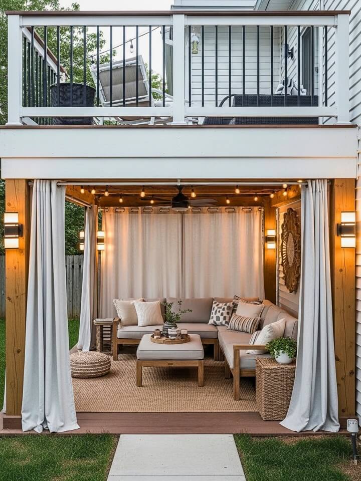 private under deck lounge with curtains and screening panels