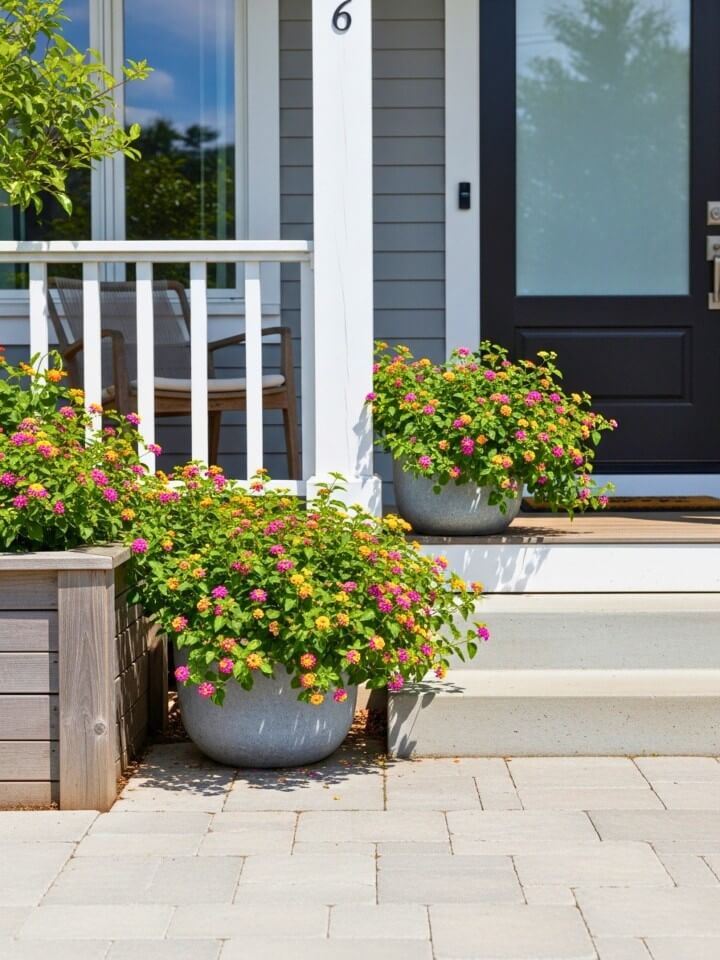 raised planters filled with bright seasonal flowers