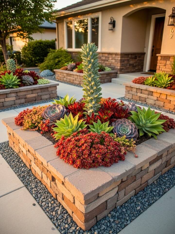 raised planters for a front yard low maintenance succulent garden