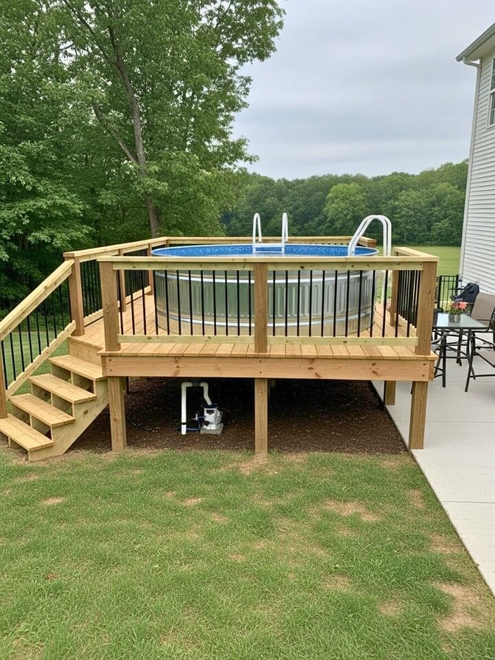 elevated stock tank pool on deck for easy backyard access