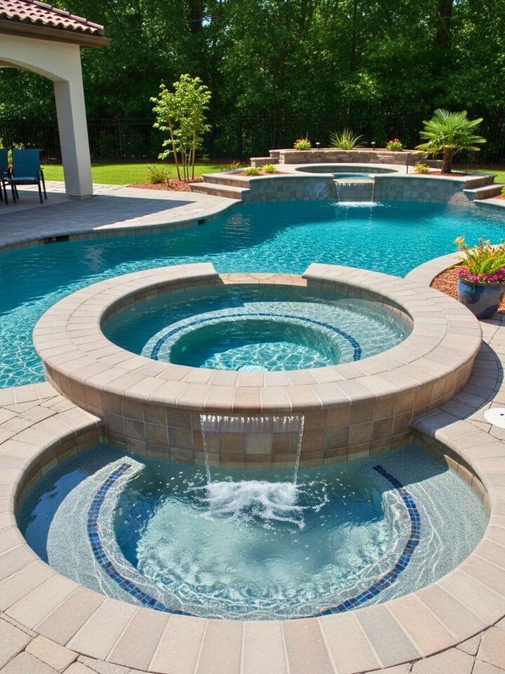 raised spa beside a curved pool