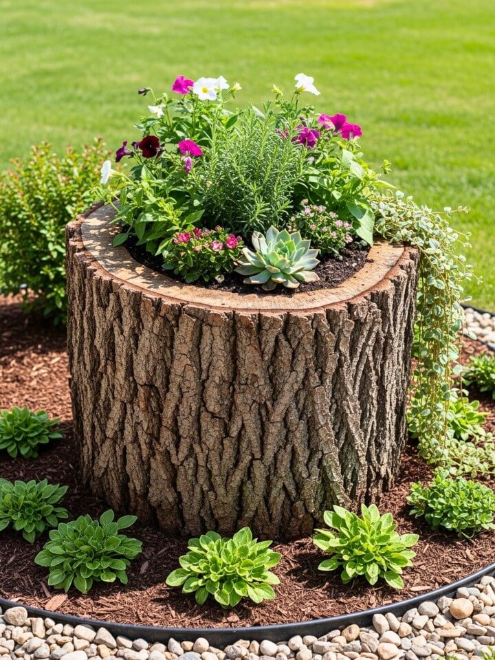 raised tree stump planter for flowers