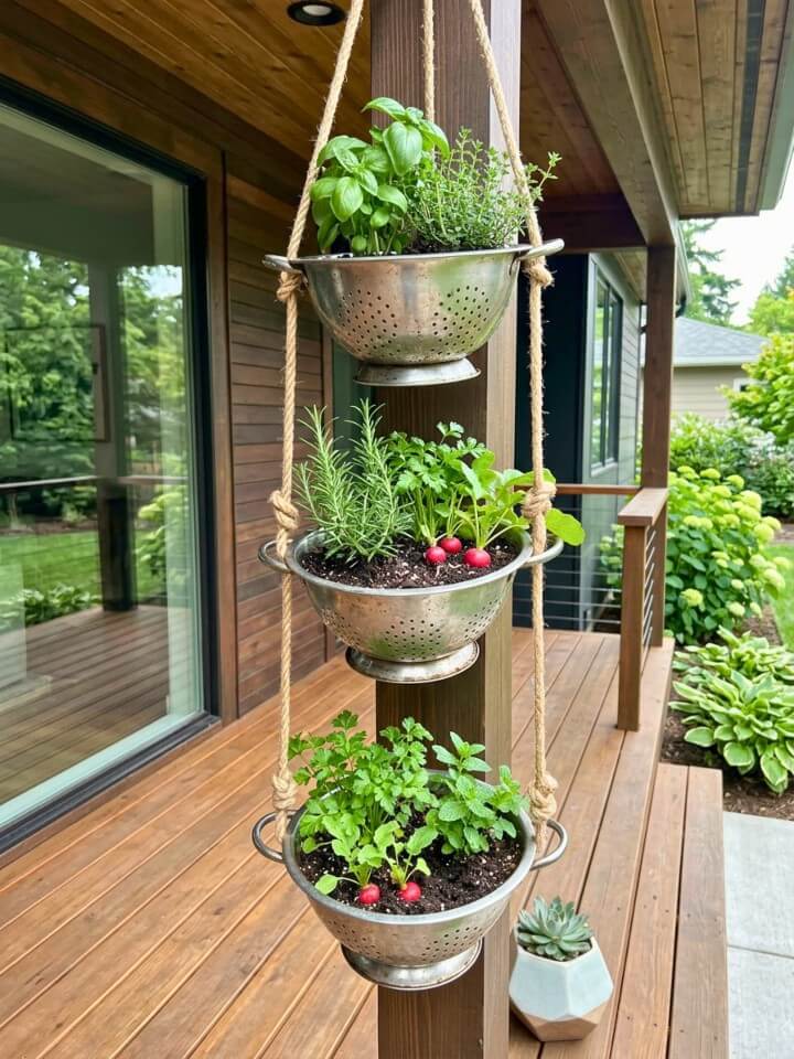repurposed colander planters for porch