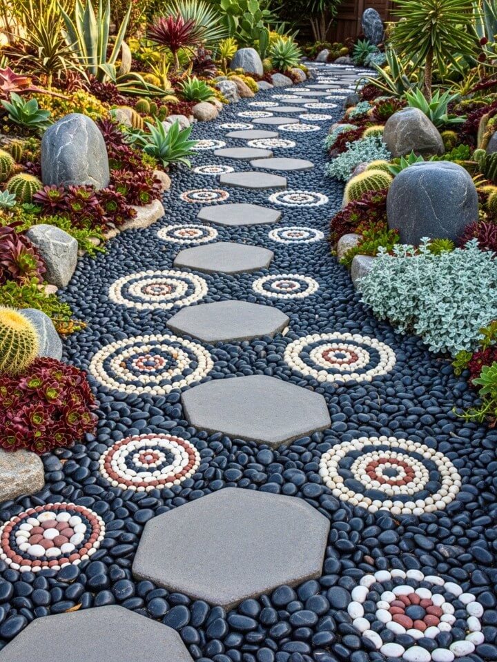 river rock pebble mosaic walkway