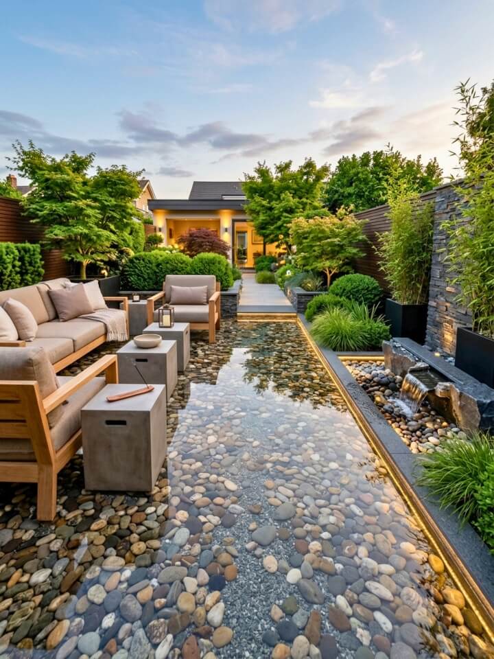 river stone embedded outdoor patio design