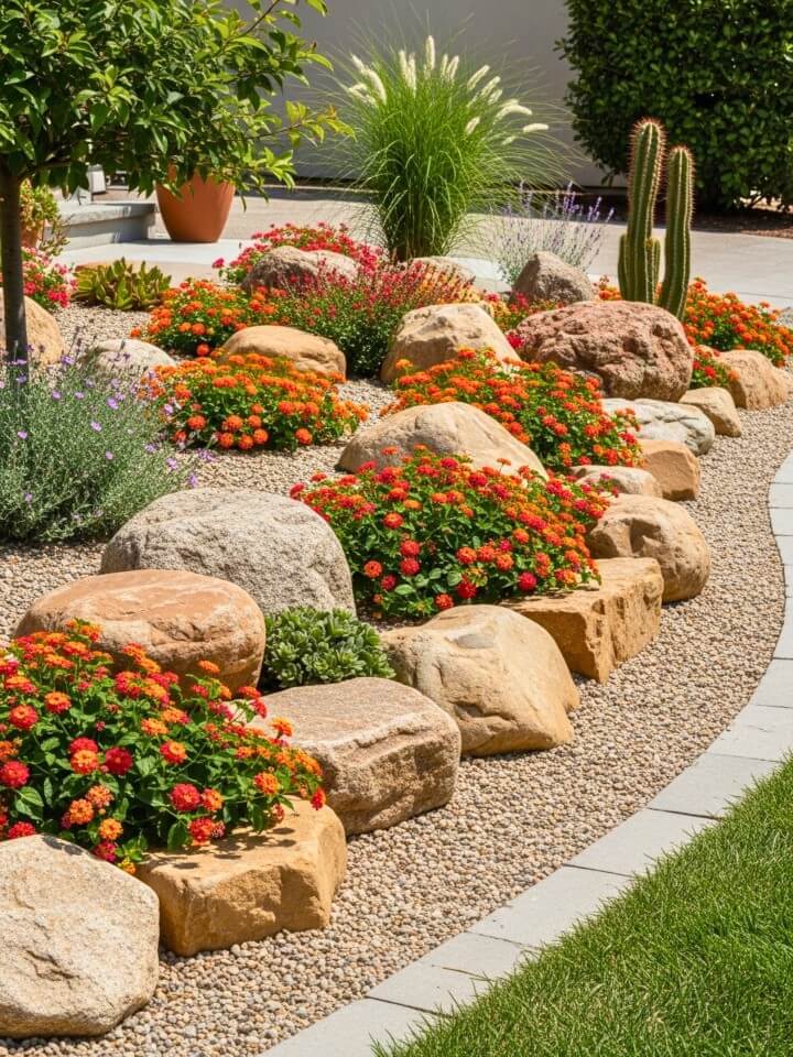 rock garden accents with drought tolerant blooms
