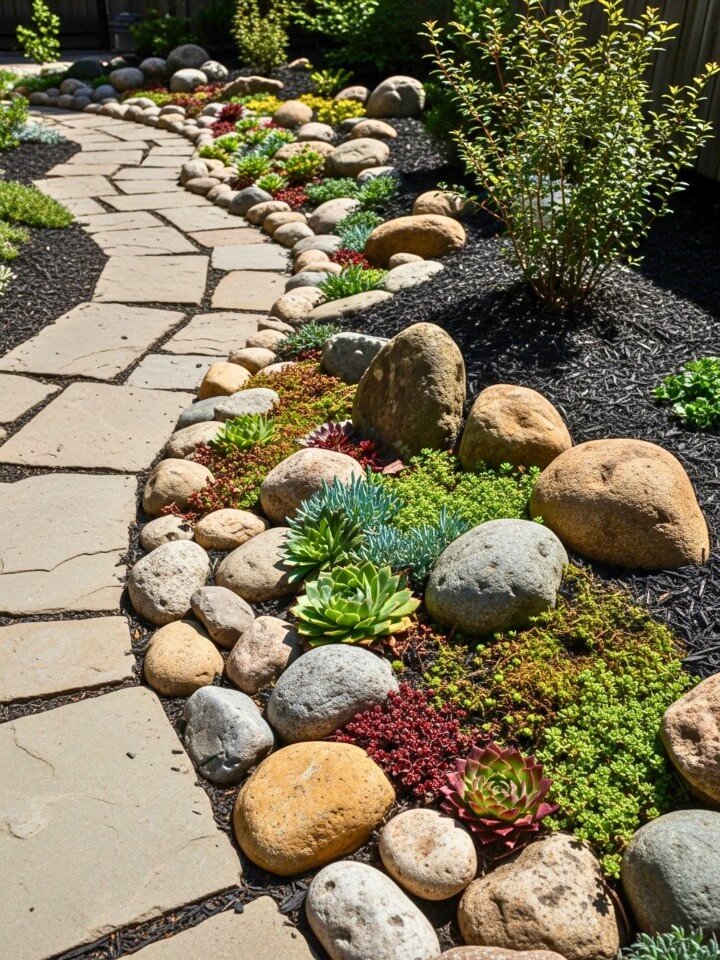 rock garden borders for textured paths