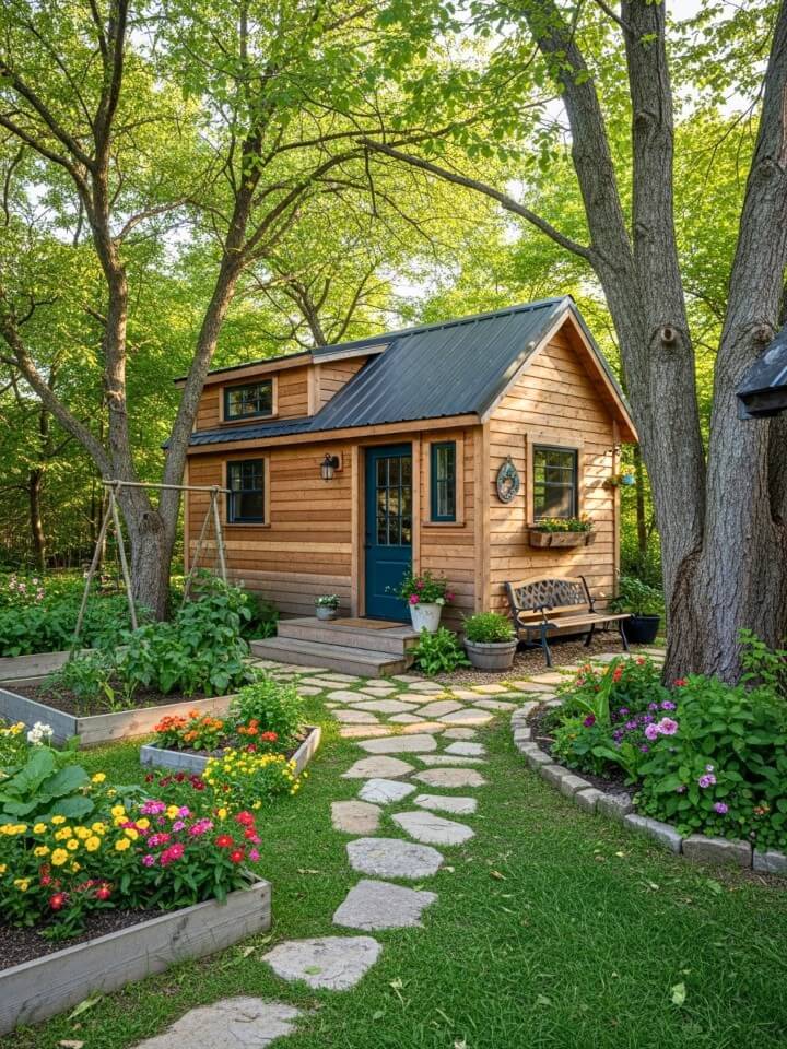 rustic cabin nestled beside the garden